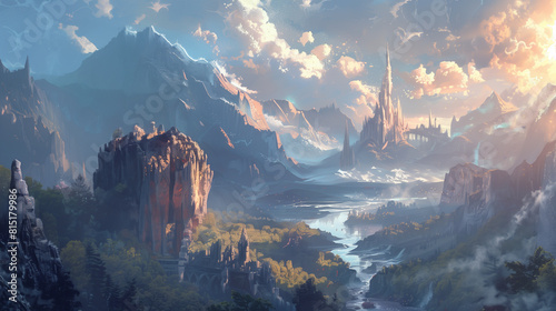 A distant fantasy city in a valley at sunset