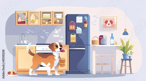 A cartoon dog wearing a napkin around its neck is standing in a kitchen. The dog has a stack of pancakes in its mouth. The dog is looking at the camera.