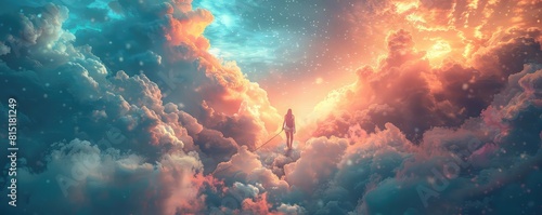 Person climbing a rope into a cloud of floating ideas, dreamy sky, upward perspective