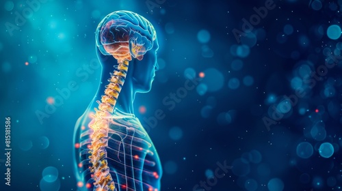 An x-ray image of a human spine against a blue background. The neck spine is highlighted in yellow and red, emphasizing areas of potential injury or concern. This medical examination aids in diagnosin