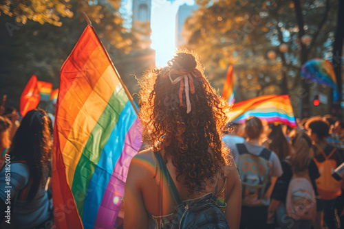 A vibrant parade scene during PRIDE Day celebrations, with people waving rainbow flags and wearing colorful costumes, capturing the spirit of love and acceptance.