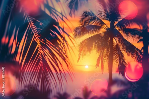 A colorful sunrise with palm trees and bokeh lights, against a tropical background in the style of vintage style Generative AI