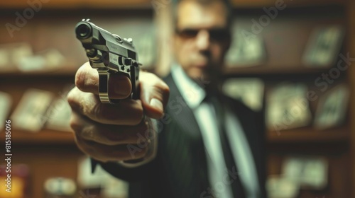 Blurred figure of a man in suit aiming a gun symbolizes power abuse and corruption