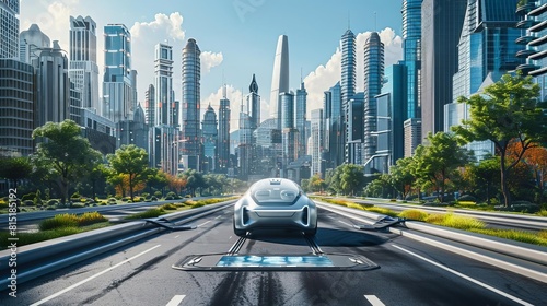 An urban landscape transformed by selfdriving cars and smart city technology, showcasing the future of urban mobility