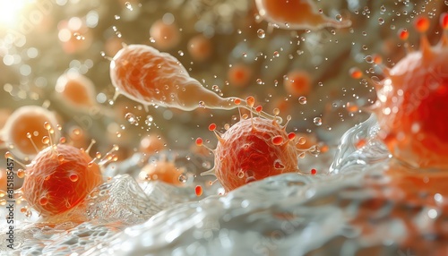 Stylized 3D render of human immune cells attacking coronavirus, dynamic action, macro lens