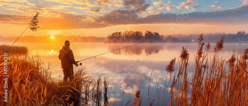 Fishing at the Lake, Solitary fisherman at sunrise, Peaceful outdoor hobby