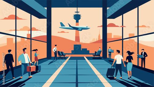 Airport terminal. People travel tourist with luggage control hall departure airport passengers transit takeoff plane vector concept stock illustration