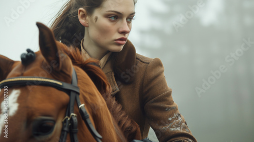 Horse in the front, a woman wearing a brown suit and black gloves riding on it, a closeup of the horse's head.