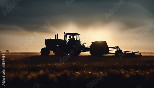 silhouette of an Agricultural machinery tractor on the field harvesting sowing 