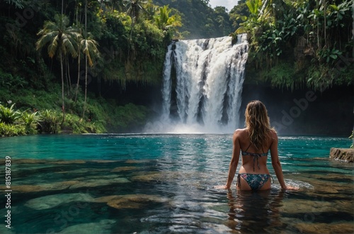 beautiful waterfall in Bali, woman in bikini bathing and swimming in the water