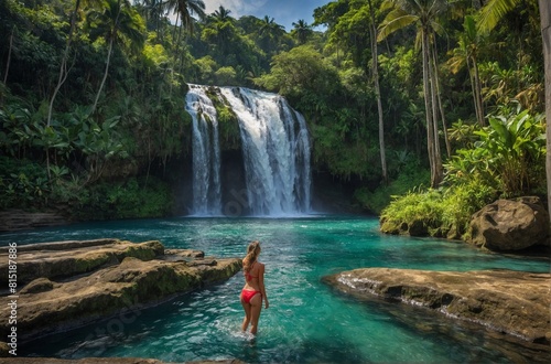 woman in bikini bathing and swimming in the water at a beautiful waterfall in Bali