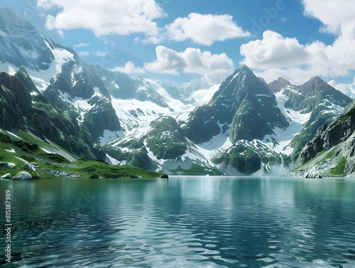 Vista paisaje montañoso a orillas de rio lago alta montaña nieve