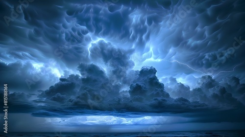 Blue and white cloudscape with stormy weather and lightning bolts.