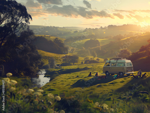 Viaje en autocaravana por paisajes verdes y reunión de amigos felicidad