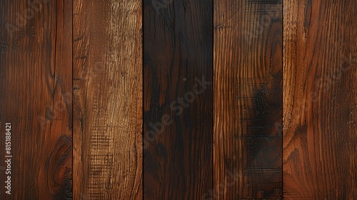 The photo shows dark wooden planks. The wood grain is visible in the photo. The planks are arranged vertically.