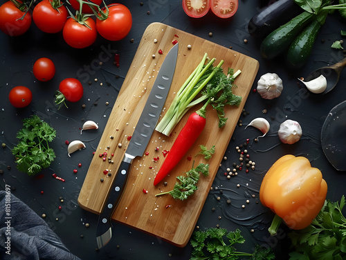 tabla de corte con cuchillo y verduras cortadas