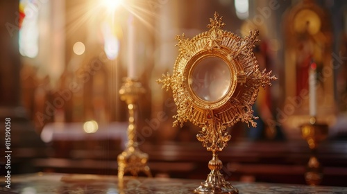 An ostensory used for worship during a Catholic church ceremony specifically for the adoration of the Blessed Sacrament is an integral part of the Eucharistic Holy Hour observed in the Cath