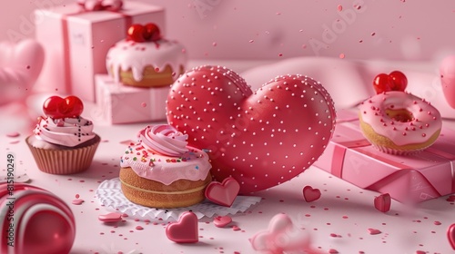 Explore a delightful Valentine s Day celebration scene featuring a heart shaped bento cake surrounded by charming gift boxes a tempting cupcake and a delectable donut all set against a pret