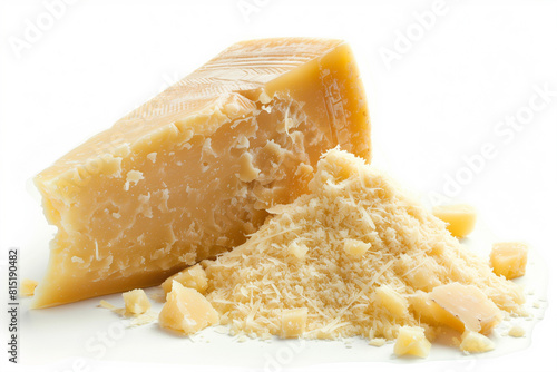 Pieces of delicious parmesan cheese on white background.