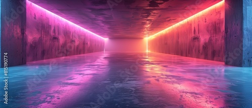 A concrete room glowing with neon purple pink blue lights. Generation AI