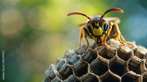 Wasp sitting on top of wasp nest close-up