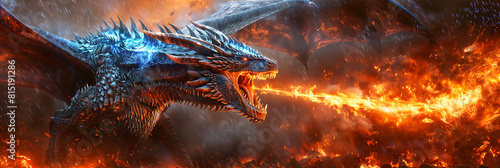 A flying blue dragon spitting hot fire in an epic battle