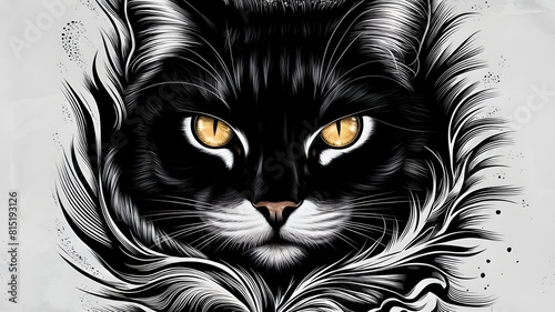  in the depths of a black and white linocut illustration, a mesmerizing close-up of a feline creature emerges, capturing the essence of its enigmatic gaze. With striking intensity, the cat's eyes sh
