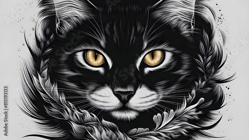  in the depths of a black and white linocut illustration, a mesmerizing close-up of a feline creature emerges, capturing the essence of its enigmatic gaze. With striking intensity, the cat's eyes sh