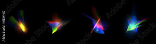 Rainbow light rays, lens flare, reflection effect from crystal, glass or gem. Vector realistic illustration set of light leak effect with spectrum glare, prism refraction, lens flare 
