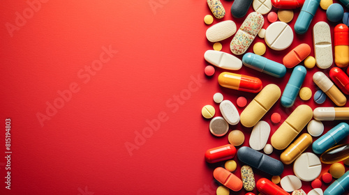 Top view: Various medicines scattered on a red background, illustrating options