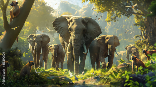 a lifelike wildlife scene, featuring a variety of animals in their natural habitat, from majestic elephants to playful monkeys, each rendered with meticulous attention to anatomy and behavior