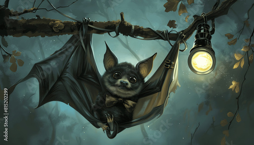 Clipart of a whimsical bat wearing a cape and a bow tie hanging upside down from a branch while hol Generative AI