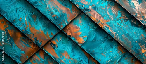 Abstract Copper, turquoise, and verdigris metal tiles Close-up details, Industrial and artistic design concept. Design for interior, wallpaper, or background.