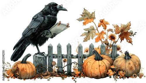 Clipart of a clever crow wearing spectacles and carrying a notepad while perched on a fence post sur Generative AI