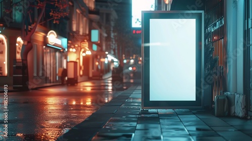 Blank white vertical digital billboard poster on city street bus stop sign at night. Street advertising bus stop mockup copy space.
