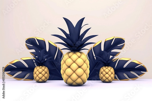 Summer background. Illustration of unusual pineapples with dark blue and gold leaves