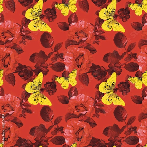 Rose, yellow butterfly, bright red, very beautiful, seamless fabric pattern, background, textile fashion design