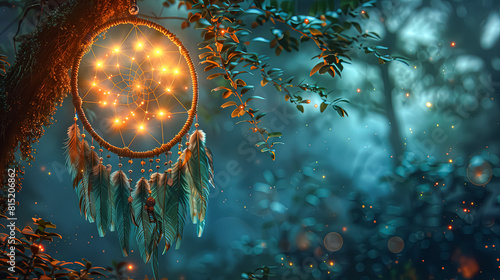A dream catcher is hanging from a tree in a forest. The dream catcher is illuminated by a light, creating a mystical and serene atmosphere