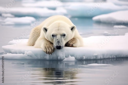 A polar bear is laying on top of a large piece of ice
