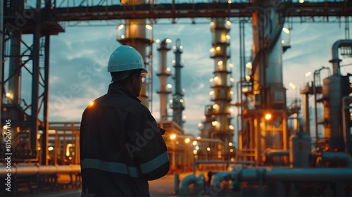 A man in a hard hat stands in front of a large industrial plant