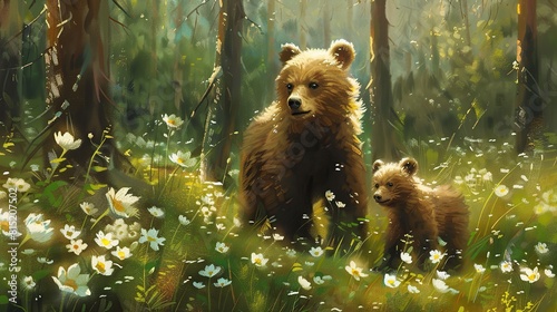 bear cubs in the summer forest on the bog among white flowers. Generative Ai