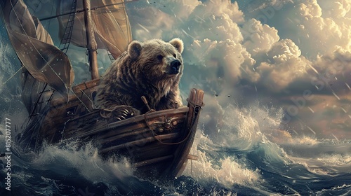 bear in ship on background. Generative Ai