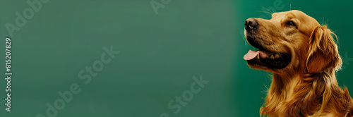 Golden retriever dog web banner. Cute golden retriever isolated on green background with copy space.