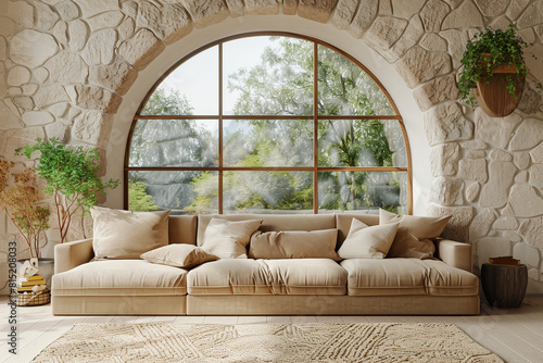 Beige sofa against of arched window. Rustic interior design of modern living room with stone cladding walls. Created with generative AI