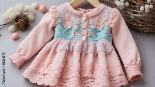 A beautiful baby dress with a unique and modern design, featuring intricate lace details and a soft pastel color palette.