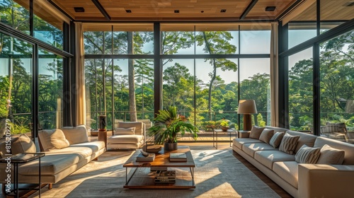 A stunning lounge area adorned with expansive windows that offer a picturesque vista of the surrounding forest