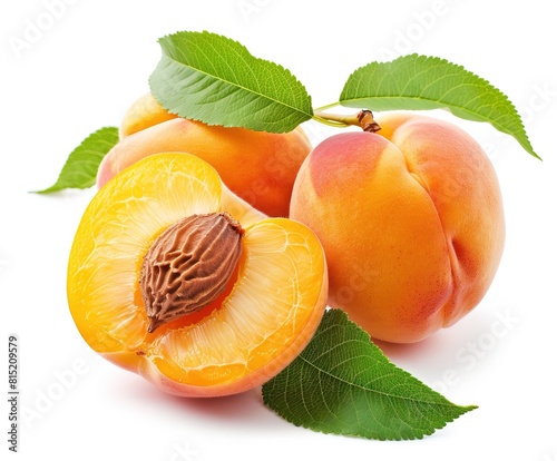Two fresh apricots with leaves on isolated white background.