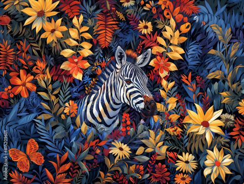 Illustration of an African zebra in the midst, features bold colors of plants and flowers..