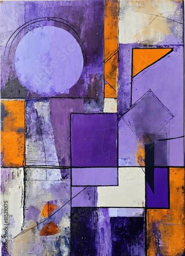 Violet painting with geometric shapes, mixed media on canvas. Contemporary painting on canvas. Modern poster for wall decoration