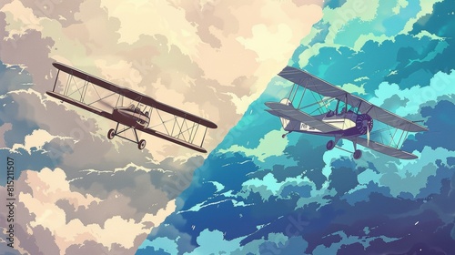 Illustration of two vintage biplanes flying through a sky split between day and night, with contrasting clouds and light.